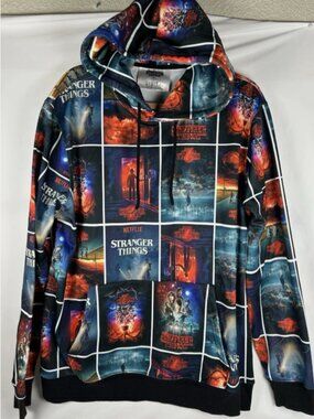 Netflix Stranger Things All Over Print Hoodie Sweatshirt Mens XL Pullover Pocket